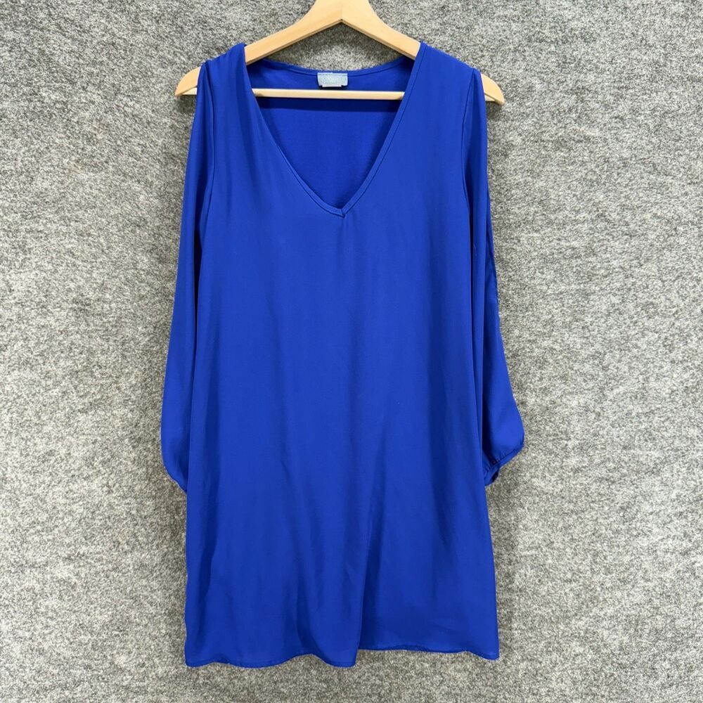Vizio Dress Women S Small Blue Shift Short V-Neck Cold Shoulder Long Sleeve